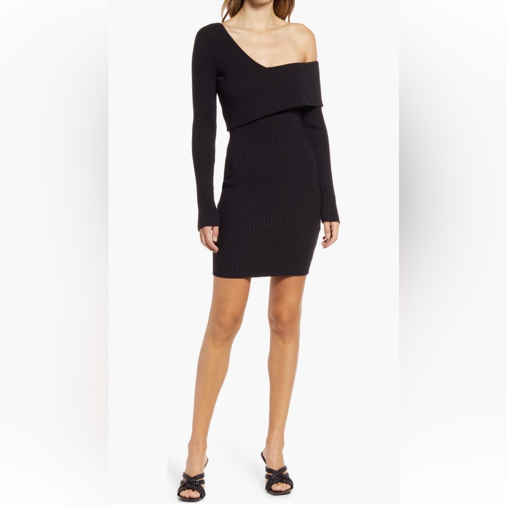 Bebe asymmetrical, off the shoulder black ribbed sweater dress ~ Large